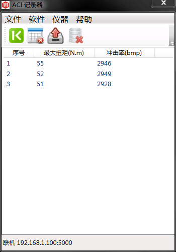 三次測量日本Panasonic充電式?jīng)_擊起子得到的最大扭矩值和沖擊數(shù)發(fā)送到電腦上的數(shù)據(jù)